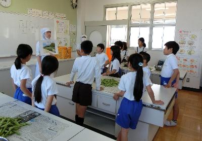 えんどう豆の説明を聞く、赤阪小学校3.4年生