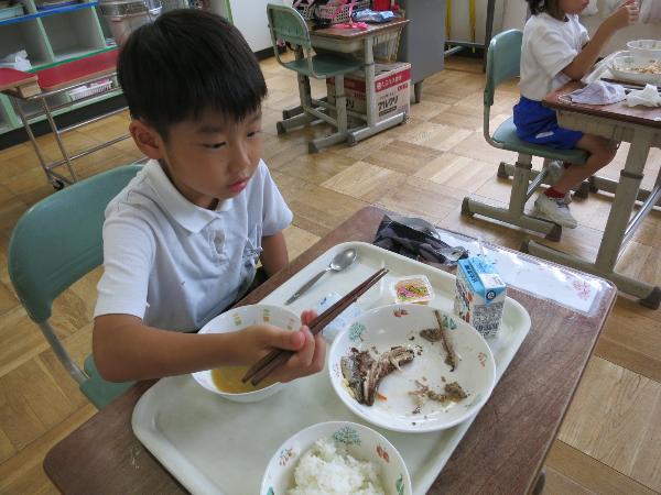 がんばって魚をほぐす赤阪小学1年生