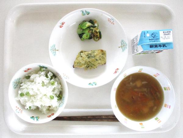 令和8年5月13日の給食 えんどう豆ごはん
