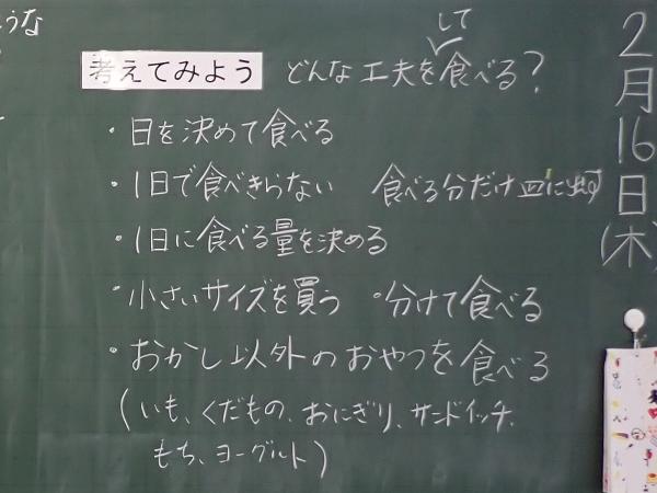 おやつを工夫して食べる方法を書いた板書