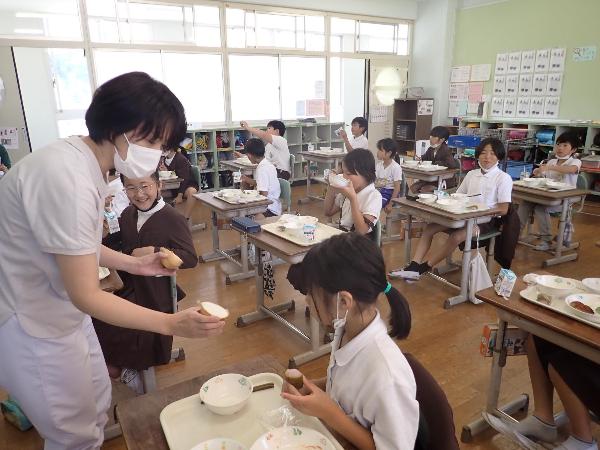 玉ねぎの断面を観察する赤阪小学校4年生