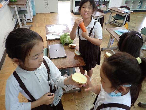 食育のようす(村立小学校2年生「やさいのひみつ」)