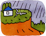 山の上の家と雨のイラスト
