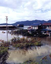 洪水の被害を受け、浸水した住宅街の写真
