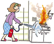 台所のコンロの火を消火している女性のイラスト