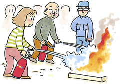 消防士が見守る中、男性と女性が消火器を使用しているイラスト