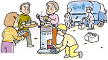 トラックから水を汲んでいる2人とストーブを囲み炊き出しを準備している4人のイラスト